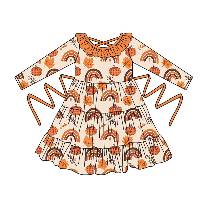 Preorder moq 5 Baby Girls Long Sleeves Rainbows Pumpkins With Belt Ruffle Knee Length Dresses