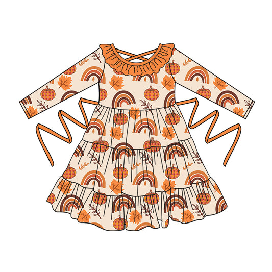 Preorder moq 5 Baby Girls Long Sleeves Rainbows Pumpkins With Belt Ruffle Knee Length Dresses