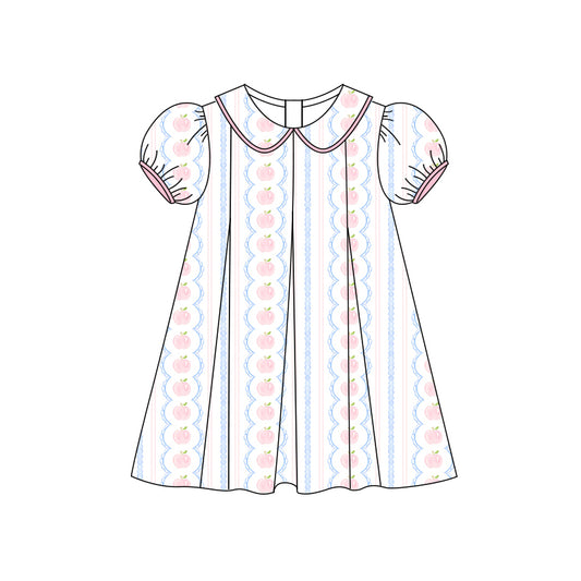 Preorder (moq 5)Baby Girls Short Ruffle Sleeves Apples Stripe Knee Length Dress