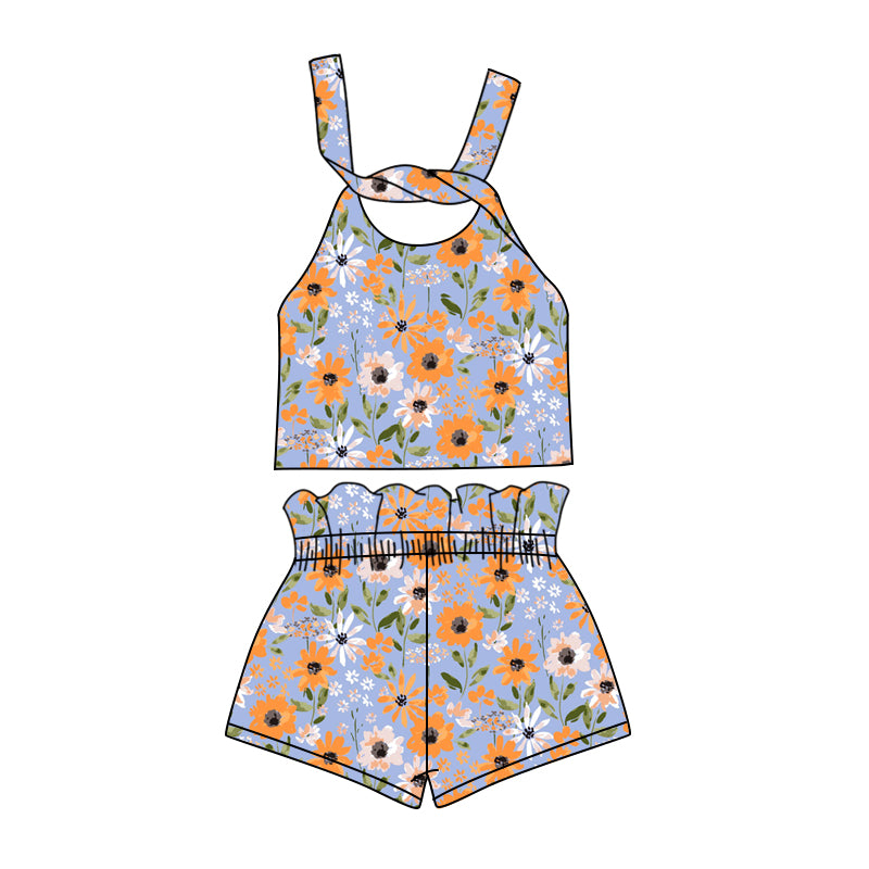 Preorder (moq 5)Baby Girls Orange Flowers Straps Top Shorts Clothes Sets