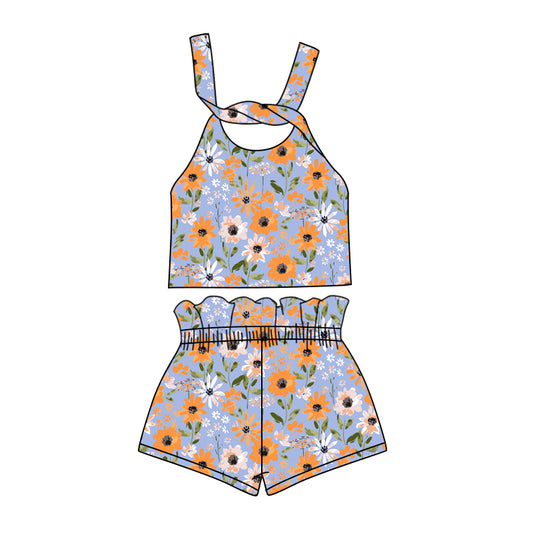 Preorder (moq 5)Baby Girls Orange Flowers Straps Top Shorts Clothes Sets