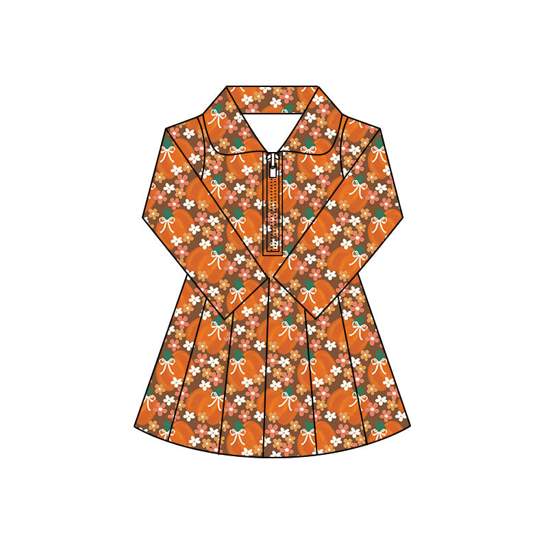 Preorder (moq 5)Baby Girls Flowers Pumpkins Zip Pleated Skirt Short Fall Knee Length Dresses