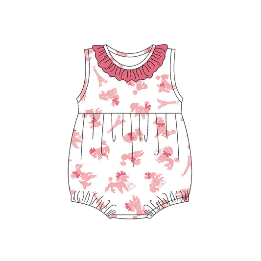 Preorder(moq 5)Baby Infant Girls Sleeveless Hot Pink Dogs Towers Round Collar Summer Rompers