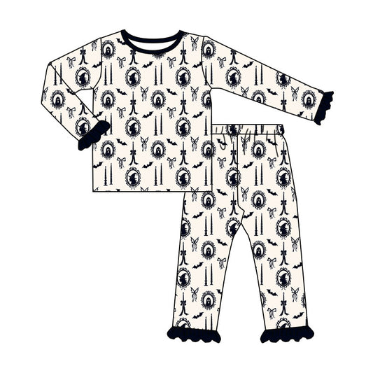 Preorder (moq 5)Baby Girls Ghosts Bows Top Ruffle Pant Halloween Pajamas Set