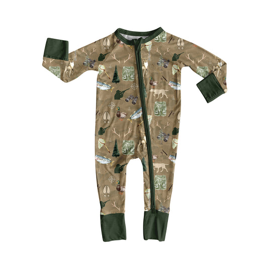 Preorder (moq 5)Baby Boys Dark Green Long Sleeves Deer Ducks Fishing Zipper Rompers