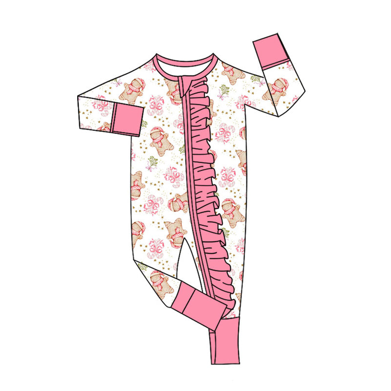 Preorder (moq 20)Baby Girls Bamboo Candy Cane Gingerbread Christmas Ruffle Zippy Footie Rompers