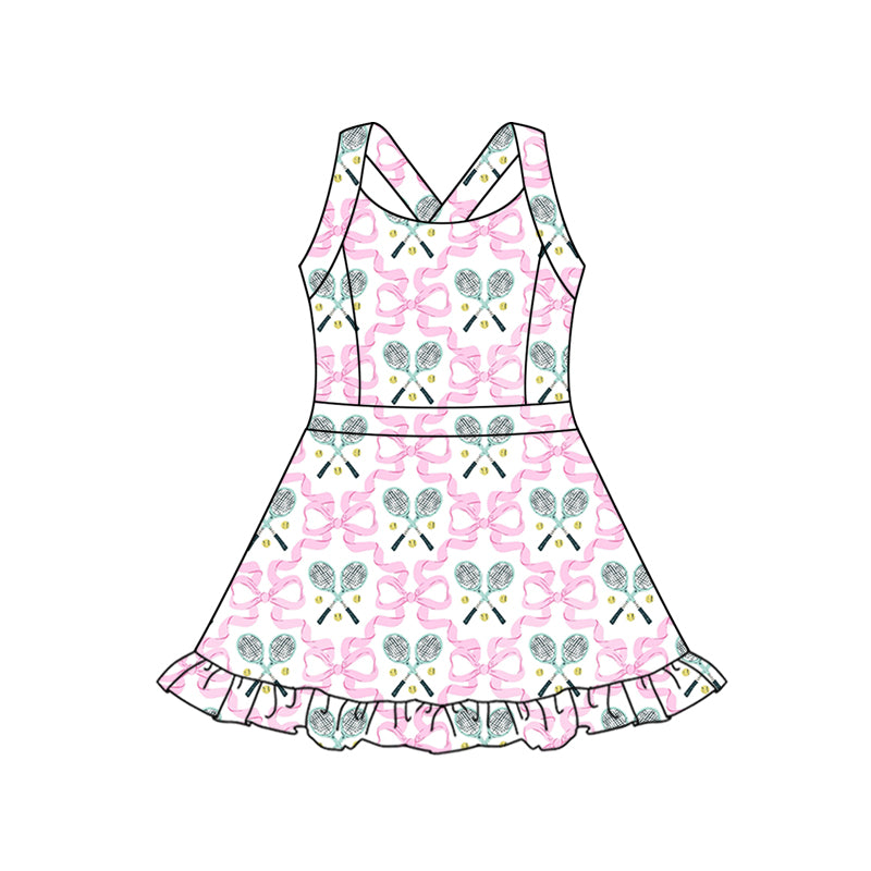 Preorder (moq 5)Baby Girls Pink Strap Bows Tennis Balls Plaid Ruffle Shorts Knee Length Dresses