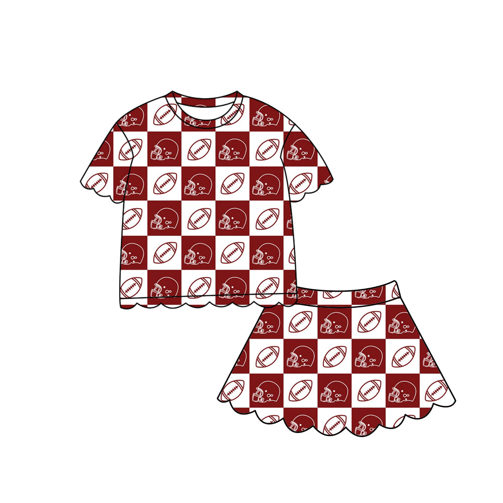 Preorder (moq 5)Baby Girls Red White Checked Footballs Top Scallop Shorts Team Clothes Sets