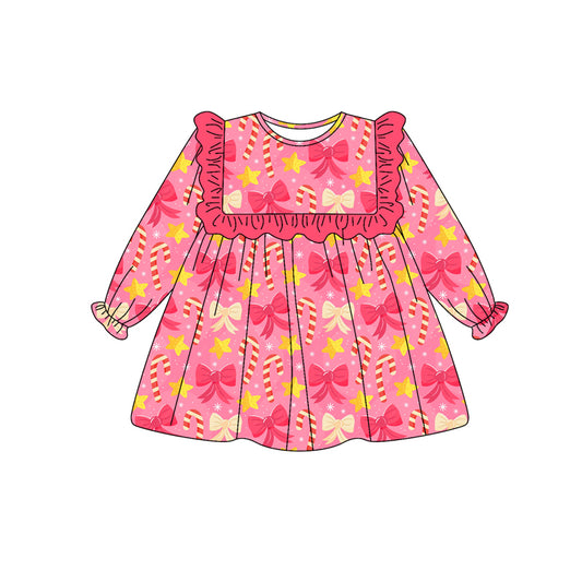 Preorder (moq 5)Baby Girls Pink Long Ruffle Sleeves Bows Candy Cane Knee Length Dresses