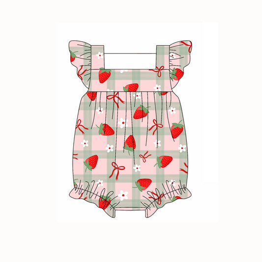 Preorder moq 5 Baby Girls Flutter Sleeves Red Bows Strawberry Ruffle Rompers