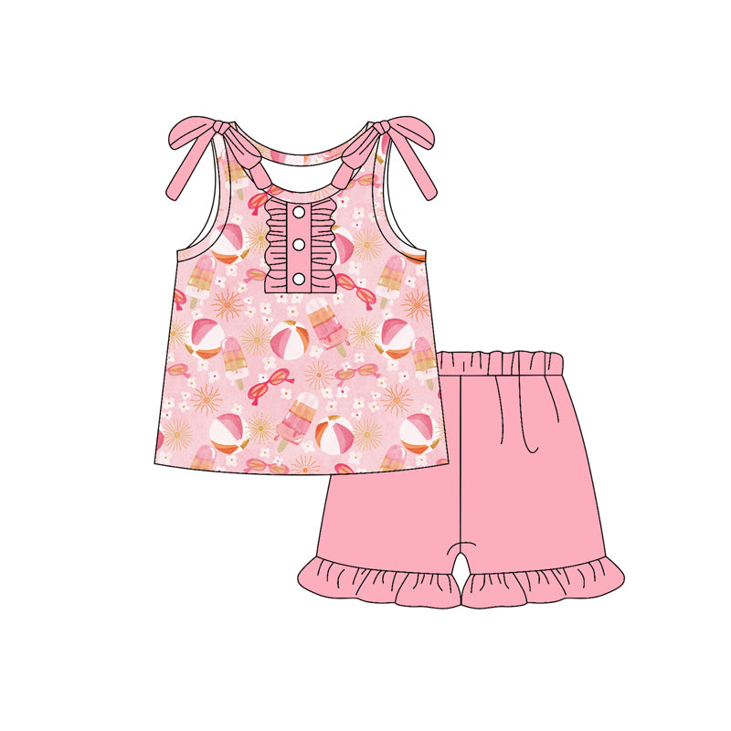 Preorder (moq 5)Baby Girls Pink Bows Sleeveless Glasses Beach Button Top Ruffle Shorts Set