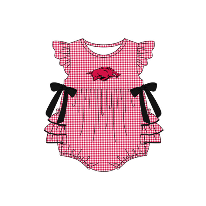 Preorder moq 5 Baby Girls Red Plaid Flutter Sleeves Bows Bull Team Rompers