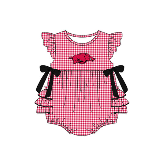 Preorder moq 5 Baby Girls Red Plaid Flutter Sleeves Bows Bull Team Rompers