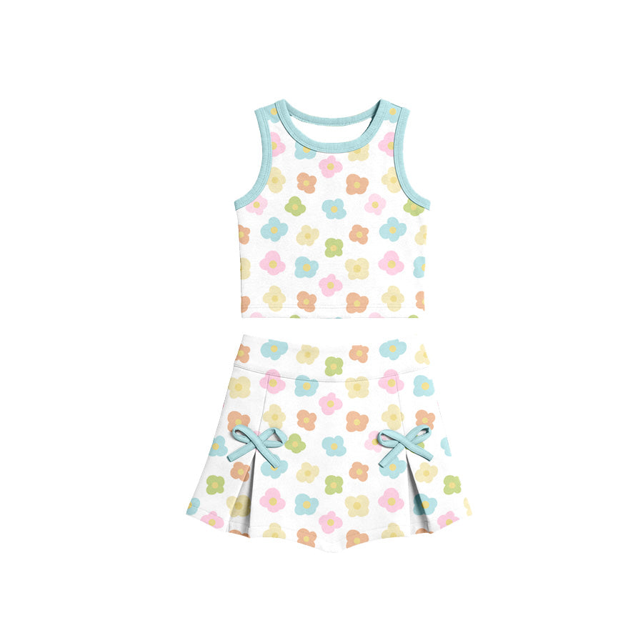 Preorder (moq 5)Baby Girls Colorful Flowers Checked Vests Bows Skirt Shorts Clothes Sets