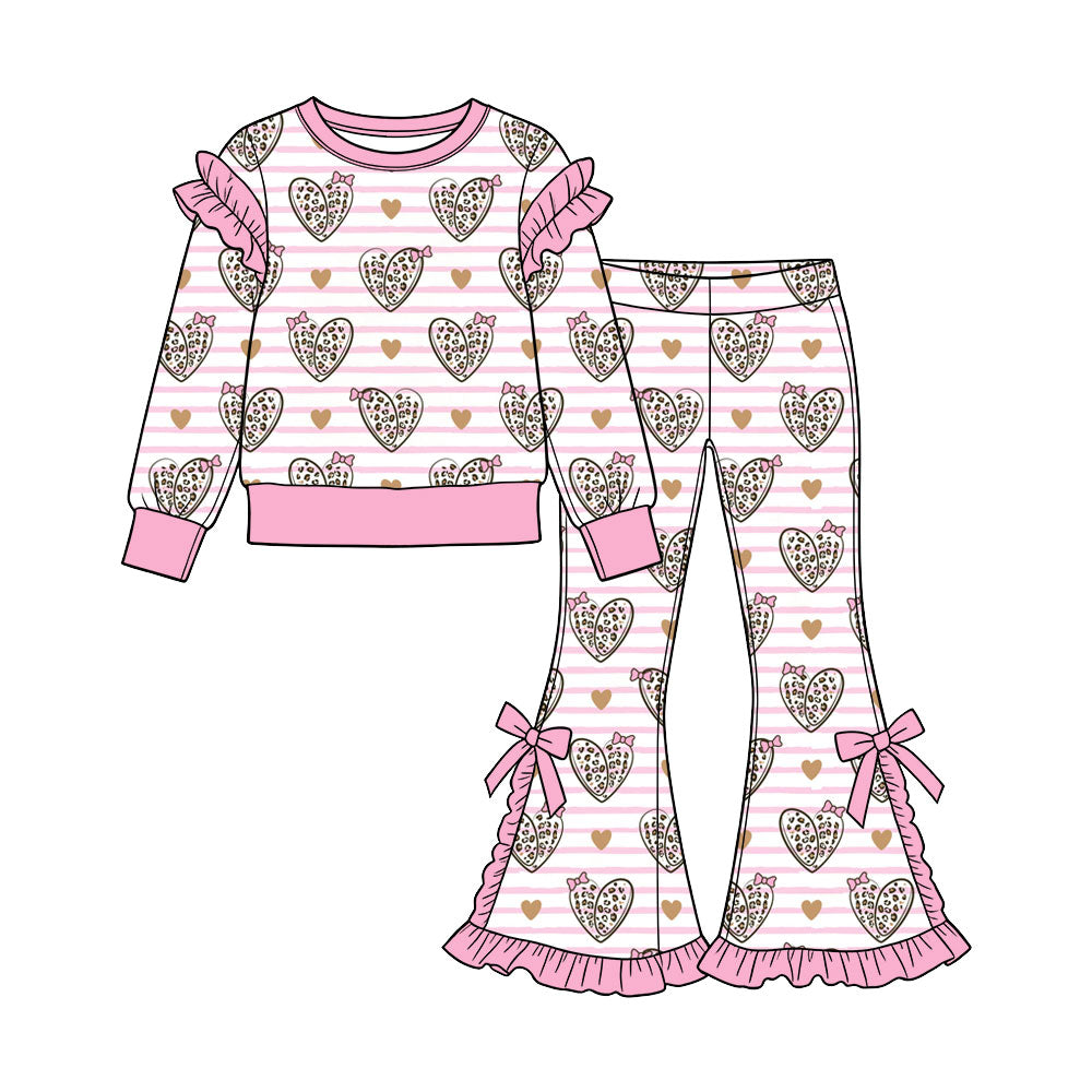 Preorder (moq 5) Baby Girl Clothes Leopard Heart Striped Print Long Sleeve Ruffle Top Bow Ruffle Flare Pants Outfit Set