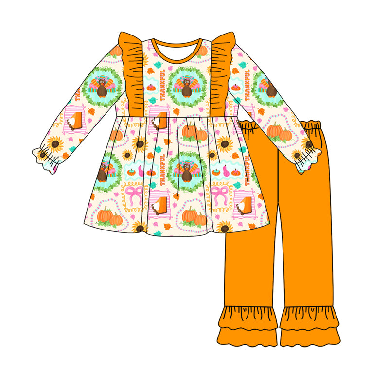 Preorder (moq 5)Baby Girls Long Sleeves Turkey Bows Pumpkins Tunic Ruffle Pants Set