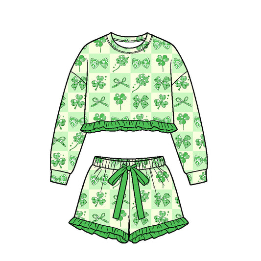 Preorder (moq5) Baby Girls Clovers Bows Checked Long Sleeve Top Ruffle Short St Patrick Clothes Set