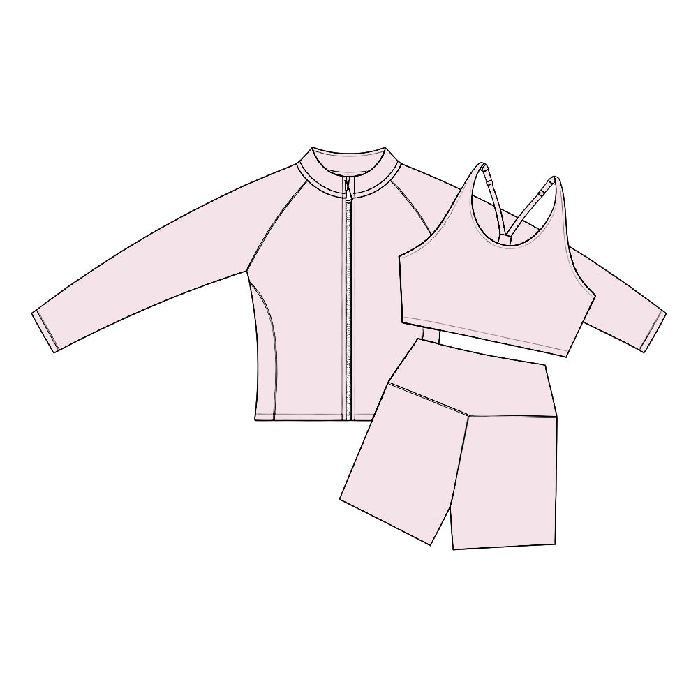 Preorder (moq 5) Baby Girl Clothes Solid Light Pink Print Long Sleeve Zip Jacket Tank Biker Short Yoga Set