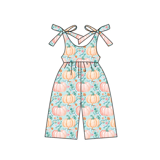 Preorder (moq 5)Baby Girls Bows Sleeveless Blue Flowers Pumpkins Pant Jumpsuits