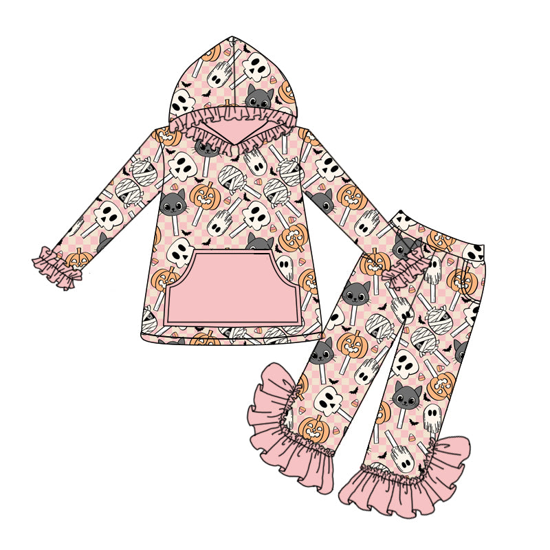 Preorder (moq 5)Baby Girls Peach Long Ruffle Sleeves Ghost Pumpkins Pocket Hoodies Pant Set