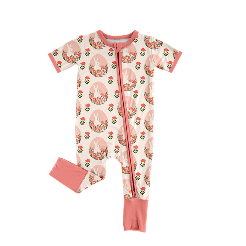 Preorder (moq 5) Baby Girl Clothes Floral Bunny Circle Frame Allover Print Short Sleeve Zip Romper Jumpsuit