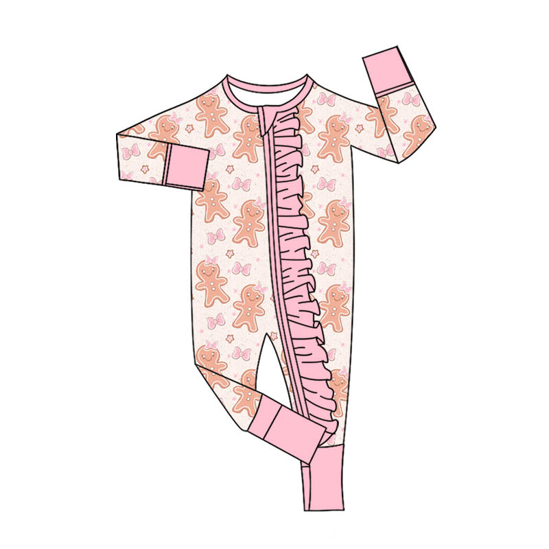 Preorder (moq 5)Baby Girls Pink Gingerbread Bows Christmas Ruffle Zipper Footie Rompers