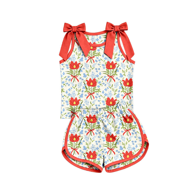 Preorder (moq 5)Baby Girls Bows Sleeveless Bows Flowers Checked Top Short Clothes Set