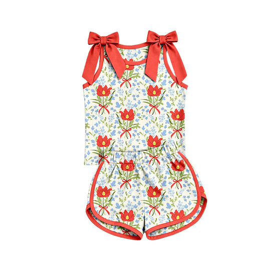 Preorder (moq 5)Baby Girls Bows Sleeveless Bows Flowers Checked Top Short Clothes Set