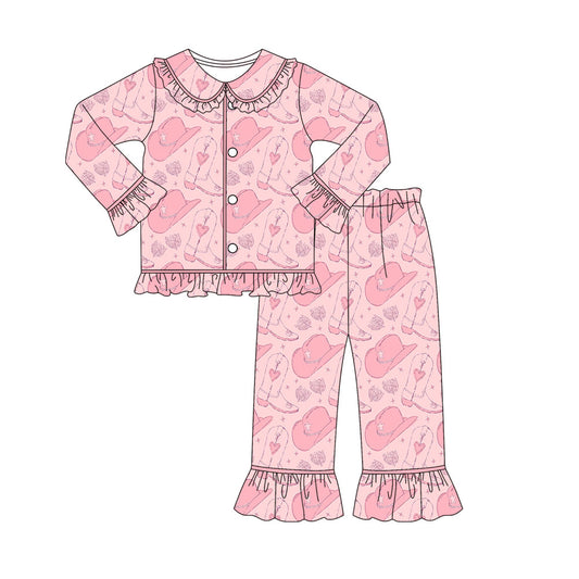 Preorder (moq 5)Baby Girls Pink Hats Heart Boots Button Top Ruffle Pants Valentine Pajamas Sets