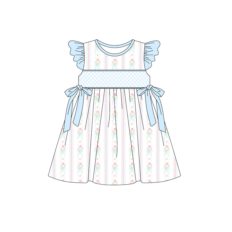 Preorder (moq 5)Baby Girls Blue Flutter Sleeves Floral Stripe Bows Knee Length Dresses