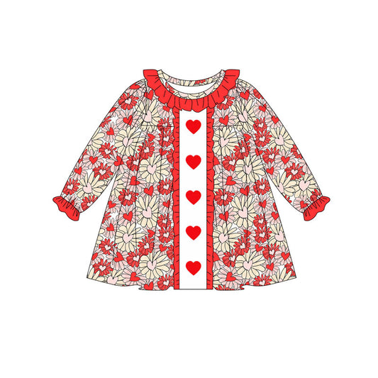 Preorder (moq 5)Baby Girls Red Daisy Hearts Ruffle Sleeve Valentine Knee Length Dresses