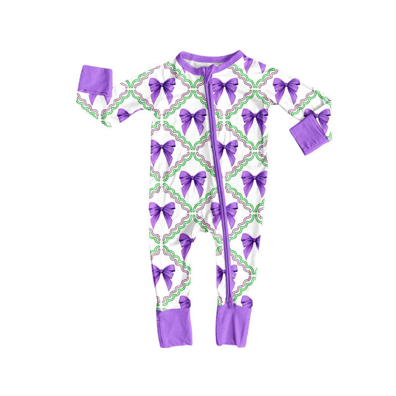 Preorder (moq 5)Baby Girls Mardi Gras Purple Bows Checked Zipper Footie Rompers