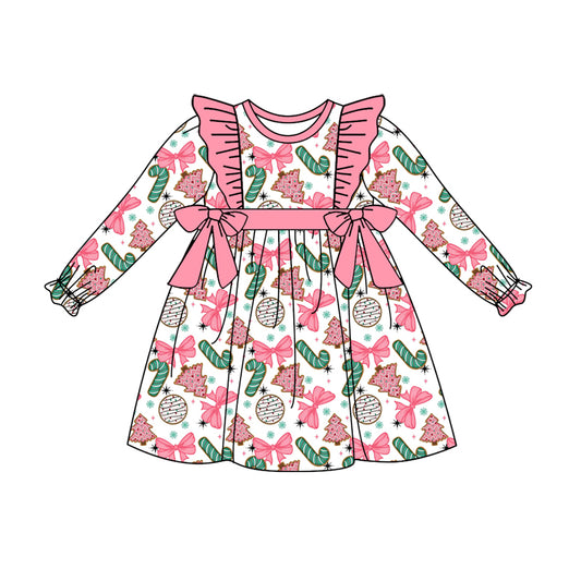 Preorder moq 5 Baby Girls Long Ruffle Sleeves Candy Cane Pink Bows Knee Length Dresses