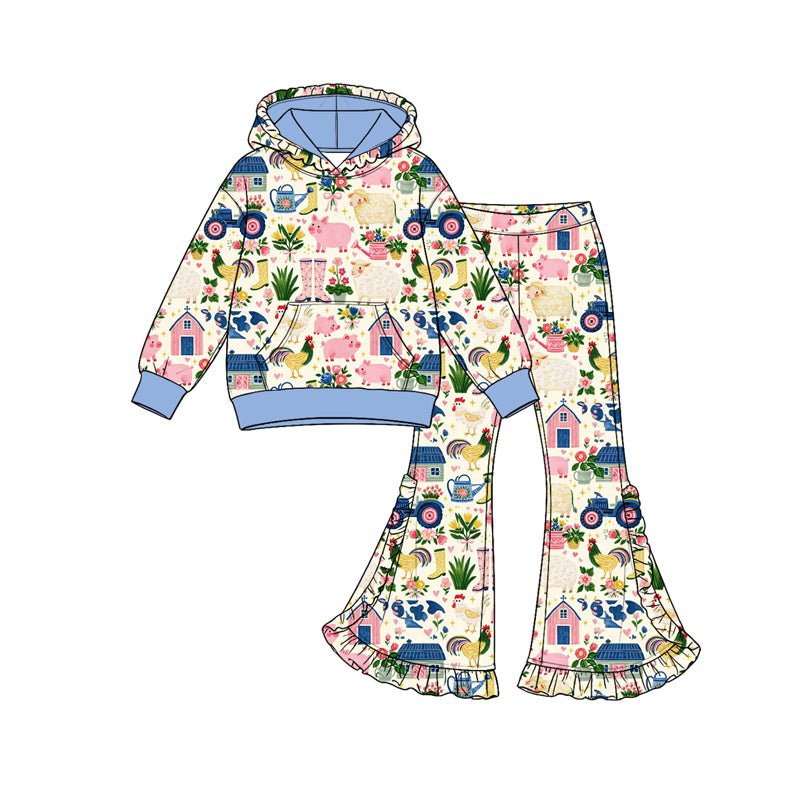 Preorder (moq 5) Girls’ Fall Hooded Long-Sleeve Animal & House Ruffle Flare Pants Print Set | Matching Sister & Family Outfits