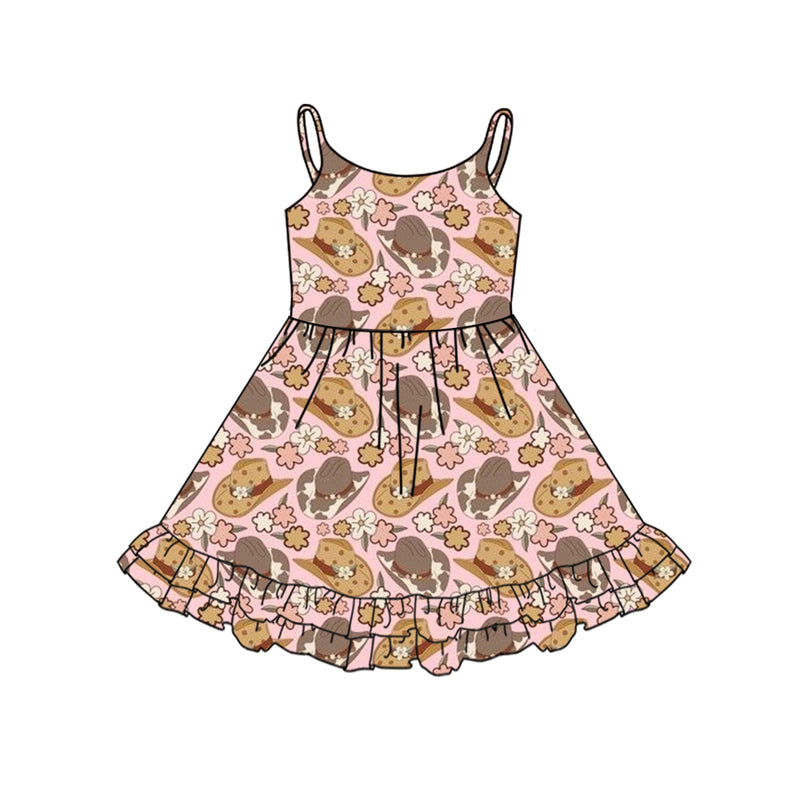 Preorder (moq 5)Baby Girls Pink Strap Colorful Hats Floral Knee Length Dresses