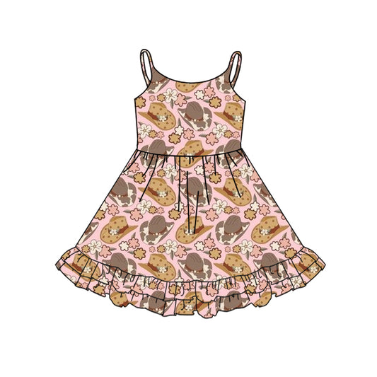 Preorder (moq 5)Baby Girls Pink Strap Colorful Hats Floral Knee Length Dresses