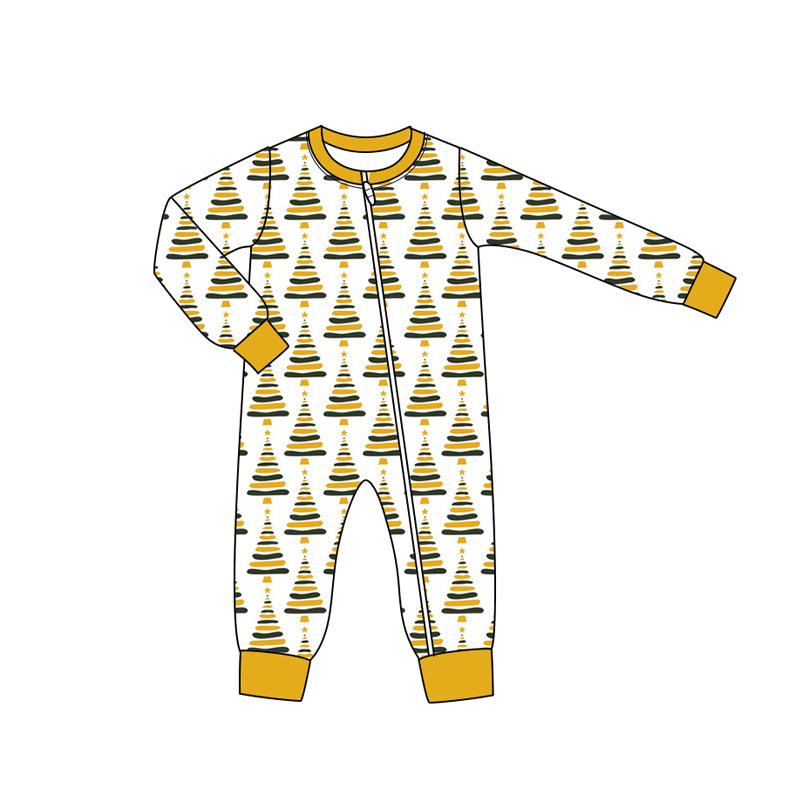 Preorder moq 5 Baby Infant Boys Long Sleeves Yellow Christmas Trees Plaid Zipper Romper