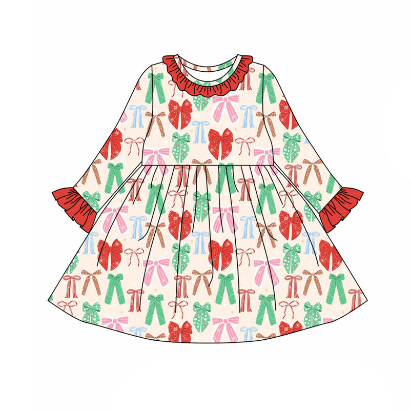 preorder(moq 5) Baby Girls Long Ruffle Sleeves Colorful Bows Plaid Knee Length Dresses