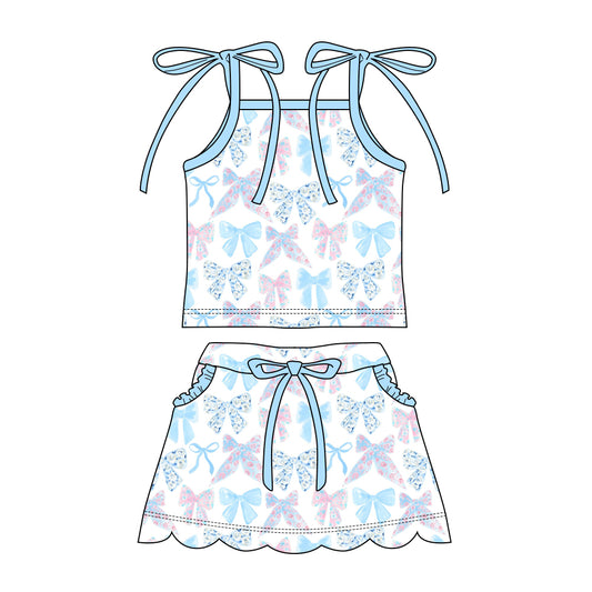 Preorder moq 5 Baby Girls Strap Colorful Floral Bows Top Pockets Scallop Skirt Short Clothes Sets