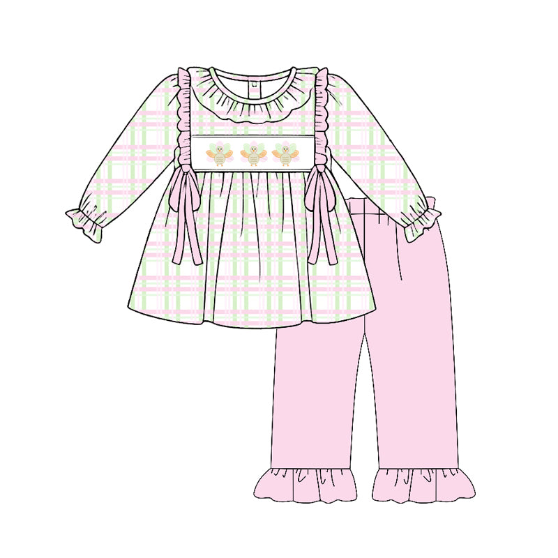 Preorder (moq 5)Baby Girls Pink Checked Turkey Tunic Ruffle Pant Thanksgiving Clothes Sets