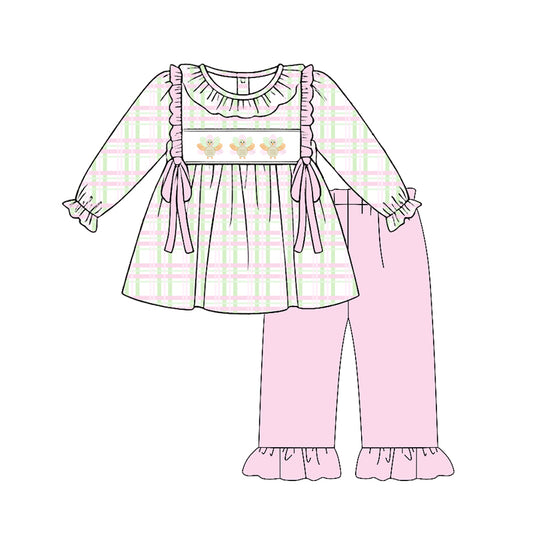 Preorder (moq 5)Baby Girls Pink Checked Turkey Tunic Ruffle Pant Thanksgiving Clothes Sets