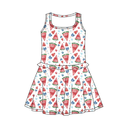 Preorder (moq 5)Baby Girls Flowers Popsicle 4th of July Knee Length Dresses