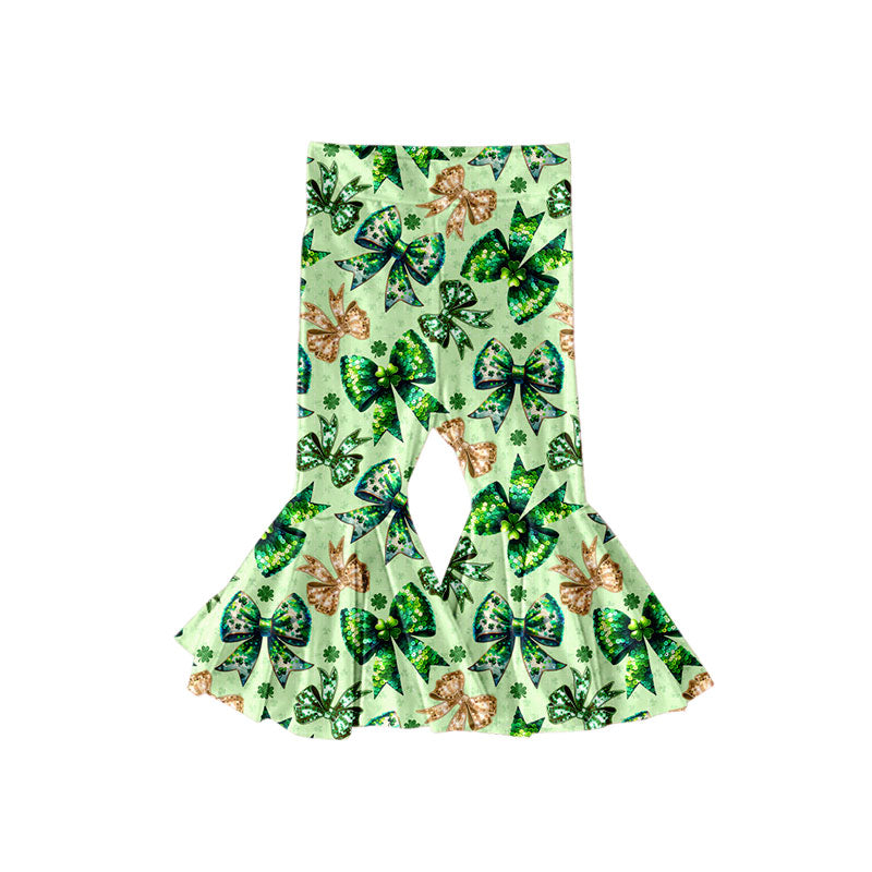 Preorder(moq 5) Baby Girls Clovers Bows St Patrick Ruffle Bell Bottom Pants
