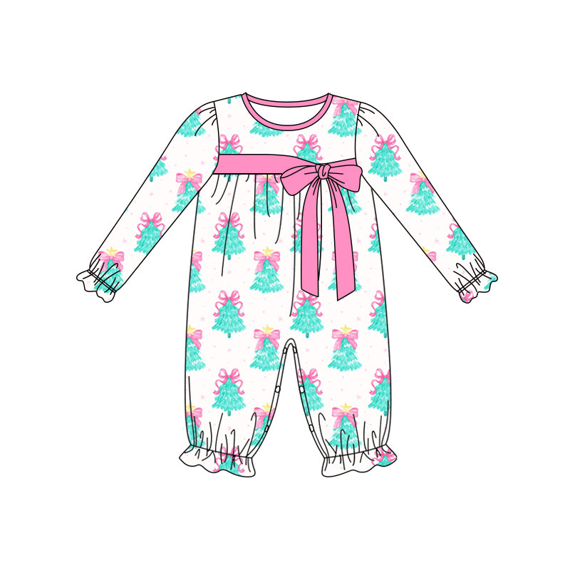Preorder (moq 5)Baby Girls Long Ruffle Sleeves Bows Trees Plaid Pant Rompers