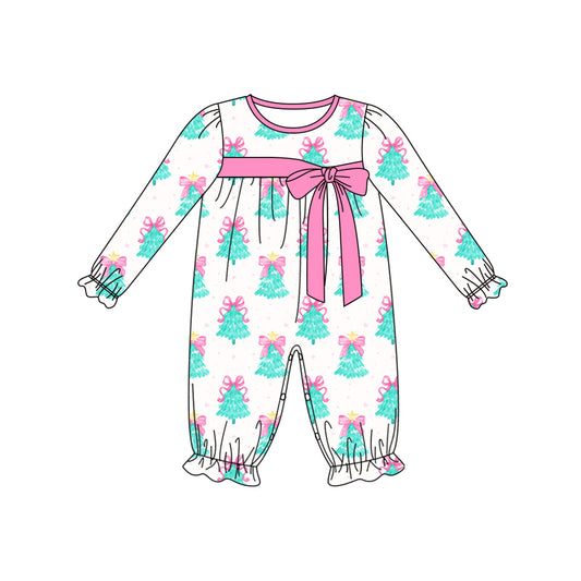 Preorder (moq 5)Baby Girls Long Ruffle Sleeves Bows Trees Plaid Pant Rompers