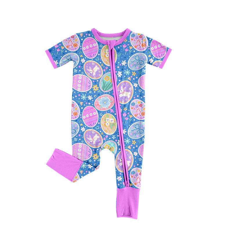 Preorder moq 5 Baby Girls’ & Girls’ Spring Easter Blue Cute Bunny & White Floral Print Crew Neck Long Sleeve Zipper Romper