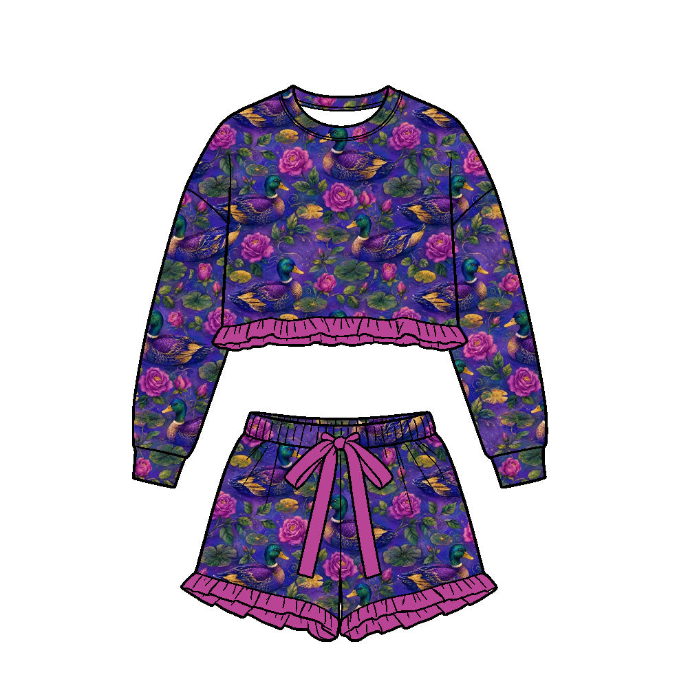 Preorder (moq 5) Baby Girl Mallard Duck Purple Floral Print Long Sleeve Ruffle Crop Top Bow Ruffle Shorts Set