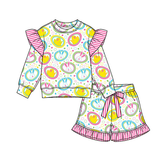Preorder (moq 5) Baby Girl Clothes Easter Bunny Chick Circle Print Long Sleeve Ruffle Top Ruffle Short Set