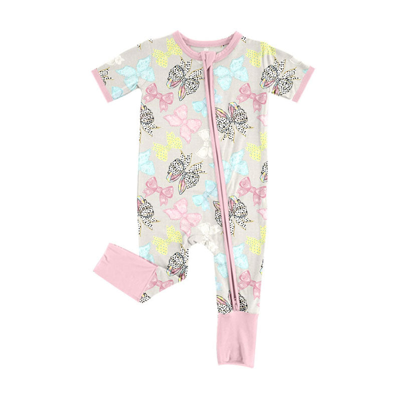 Preorder(moq 8)Baby Girls Rabbit Bows Plaid Short Sleeve Easter Zipper Footie Rompers