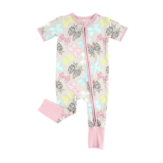 Preorder(moq 8)Baby Girls Rabbit Bows Plaid Short Sleeve Easter Zipper Footie Rompers